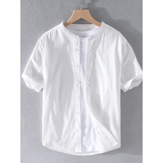 Branco puro algodão gola alta camisa de manga curta masculina Casual em torno do pescoço lavado Bottoming magro-ajuste O