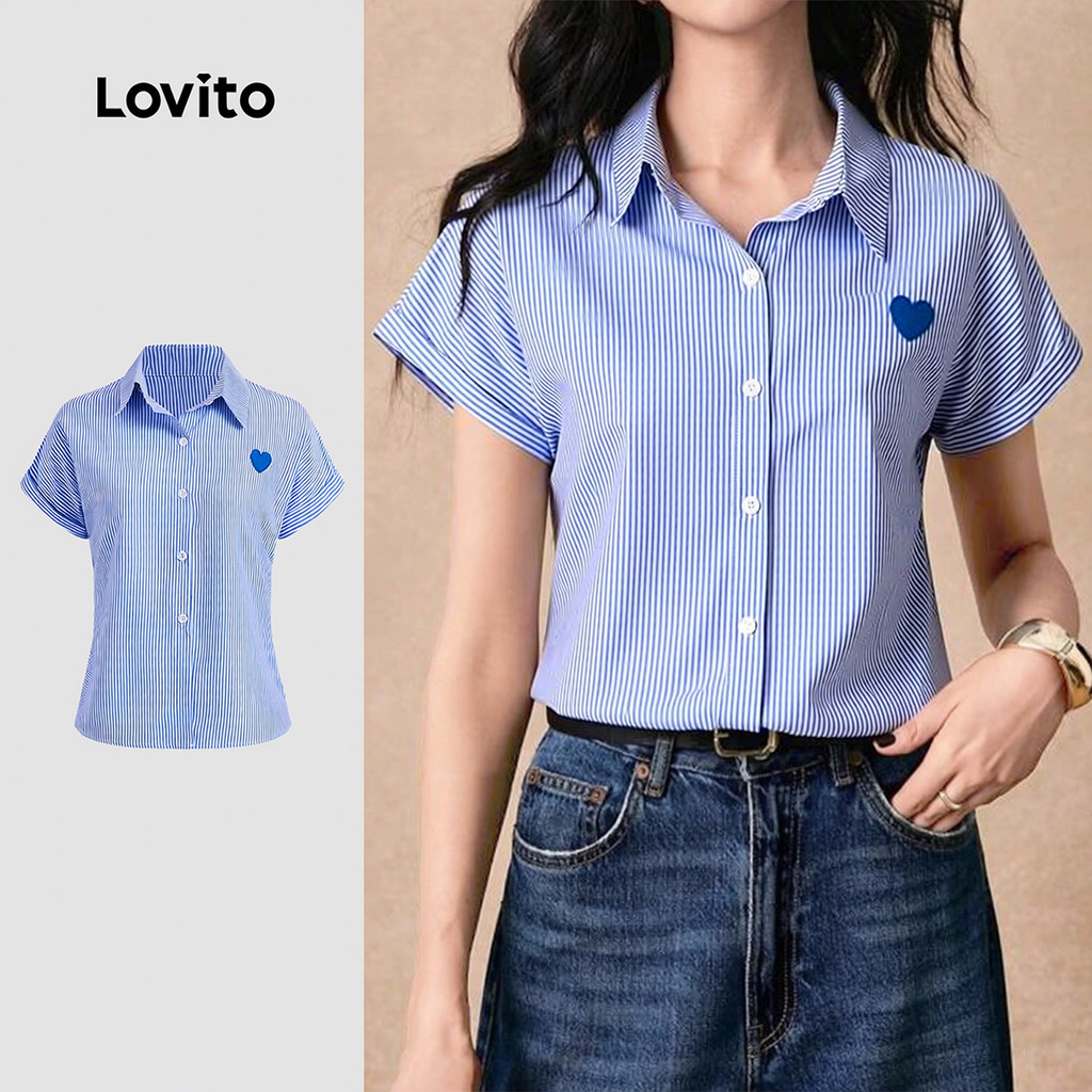 Lovito Blusa Casual listrada com botões bordados para mulheres L123ED685