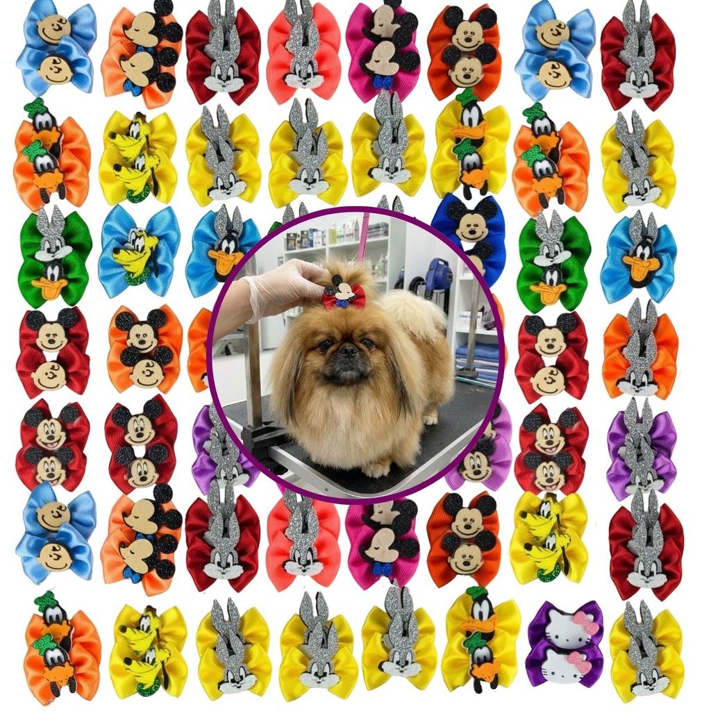 80 Laços Topete de Cetim Para Pet Pequenos e Médios Personagens Variados Pet Shop Banho e Tosa Preço Atacado