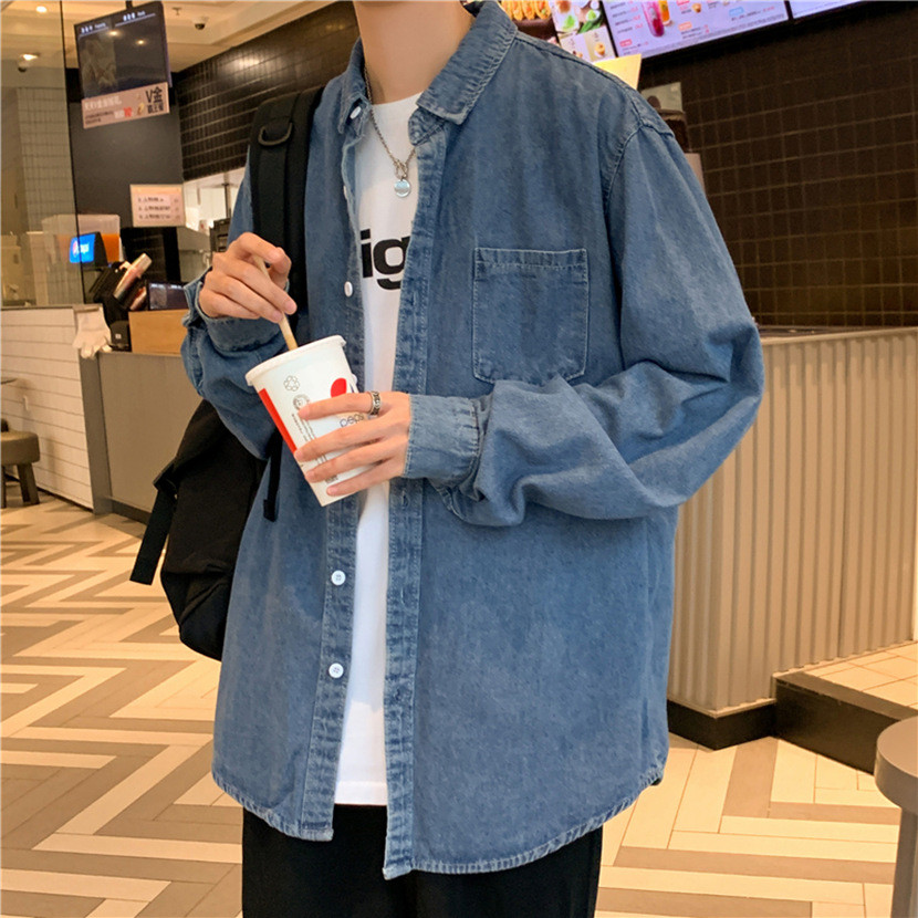 Camisa jeans masculina manga longa ins estilo Hong Kong solto camisa Retro primavera outono novo estilo camisa masculina