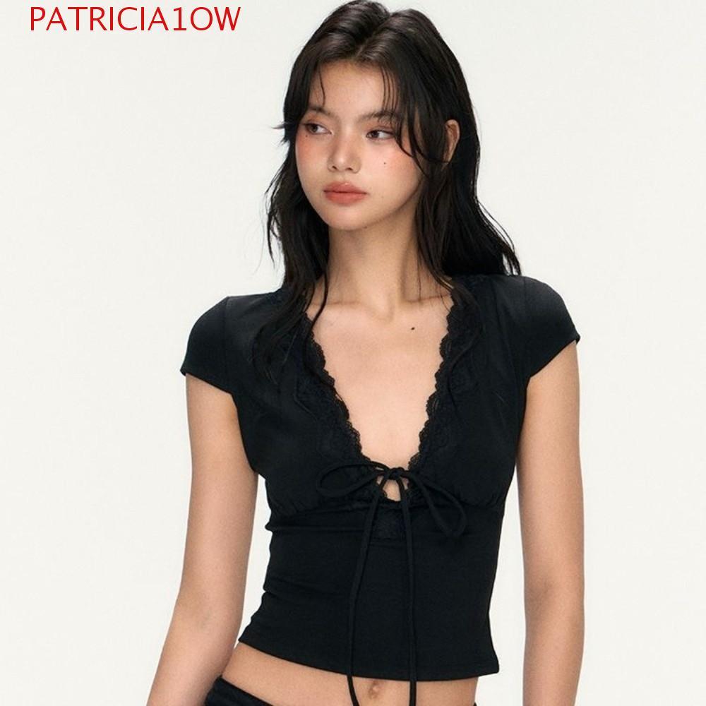 PATRICIA1OW Tops Curtos Finos , Camiseta De Renda Doce Com Fundo , Gola V Elástica Manga Curta Camisola Streetwear