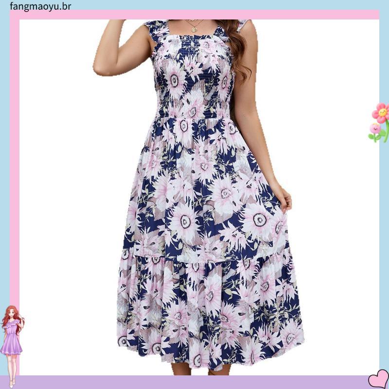 Vestido Feminino Moda Feminina Transfronteiriça 2025 Verão Vestido de Rayon Sem Mangas Boêmio Praia Férias Vestido de Al