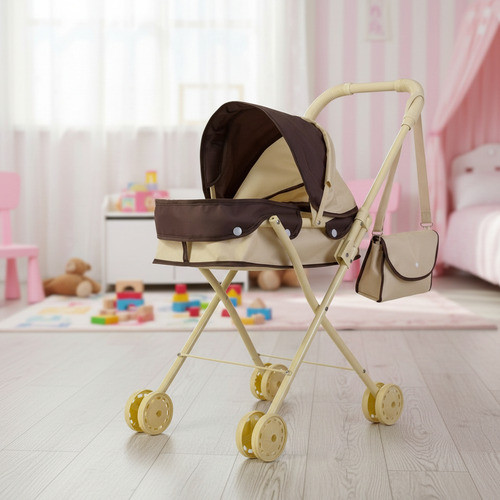 Carrinho de Boneca Infantil Resistente com Bolsa Bege Ferro Capota Ajustável Rodinhas Seguro Crianças 3 Anos INMETRO
