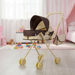 Carrinho de Boneca Infantil Resistente com Bolsa Bege Ferro Capota Ajustável Rodinhas Seguro Crianças 3 Anos INMETRO