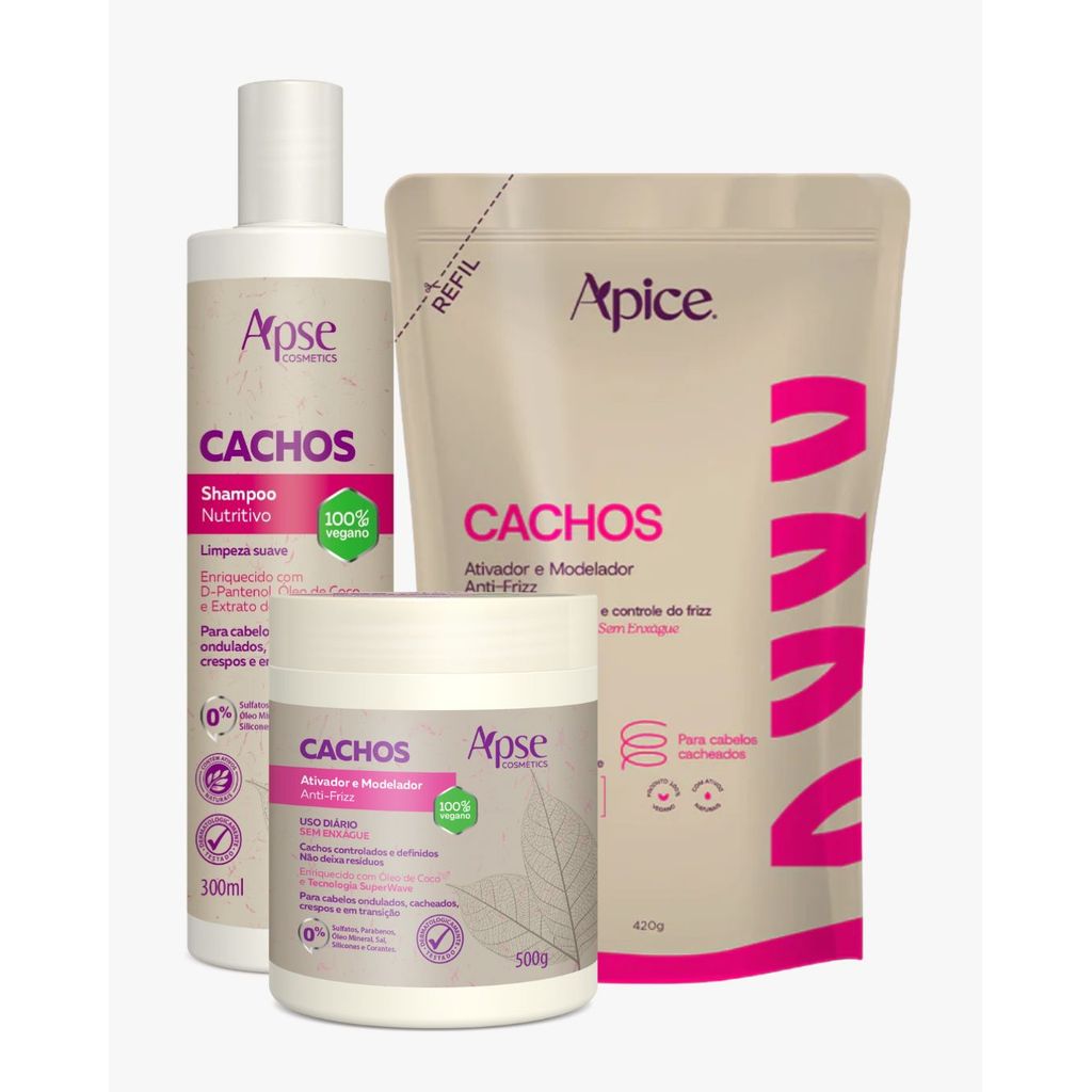 Kit Shampoo 300ml, Ativador e Refil Ativador 500ml Cachos Apice