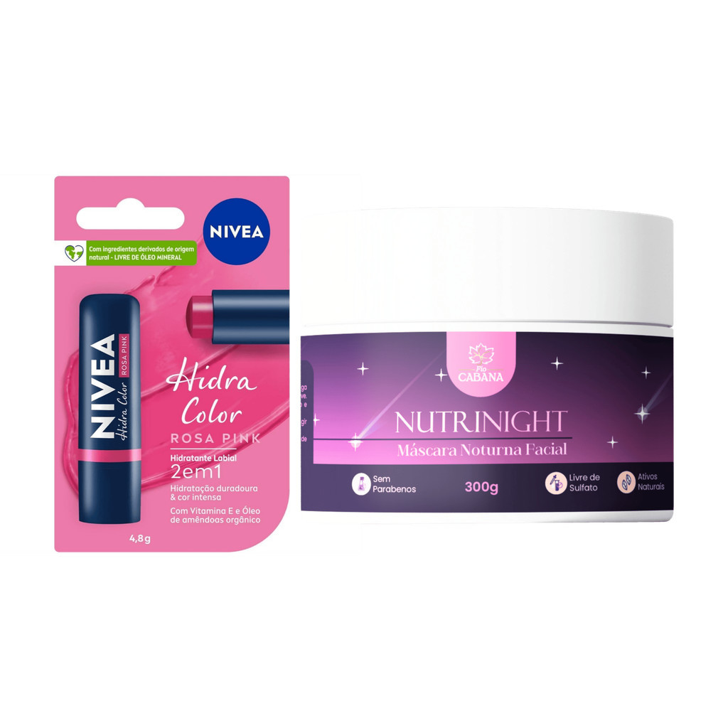 Kit Hidratante Labial NIVEA Rosa Pink 4,8g + Máscara Noturna NutriNight Fio Cabana 300g