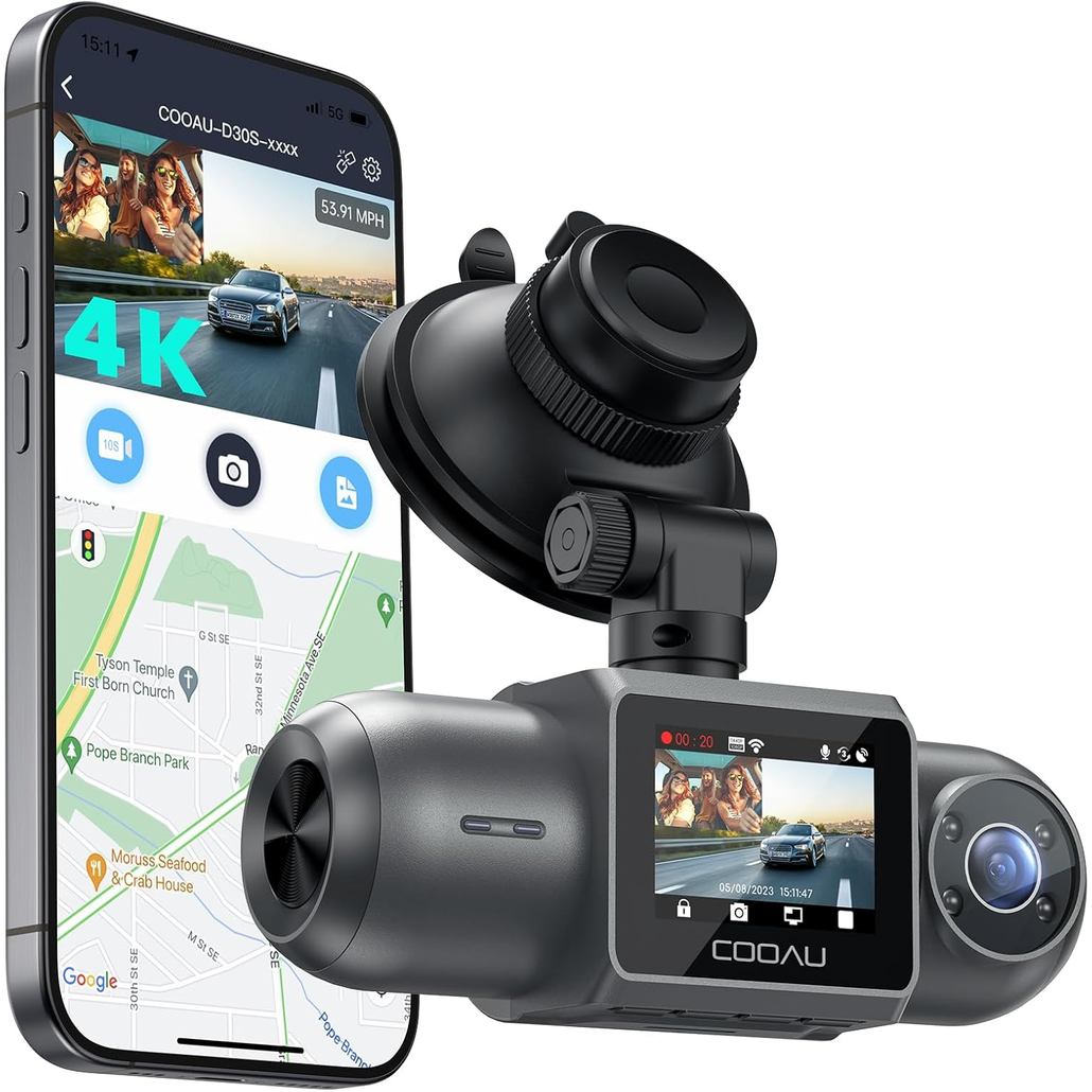Cooau D30s Câmera Veicular 4K Gps Wi-Fi, Câmera Frontal e Interna Dupla 2.5k 1080p, Câmera Uber Visão Notur