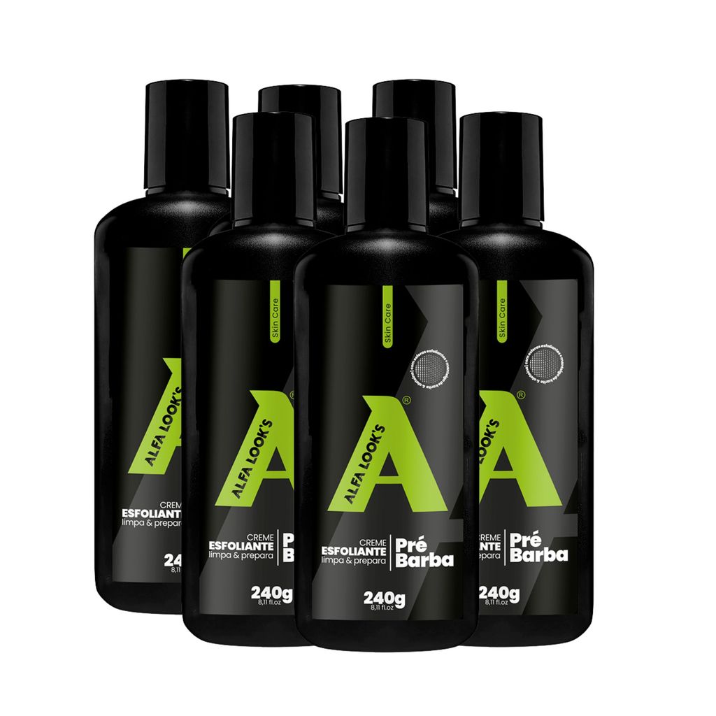 Kit 06 Creme Esfoliante Facial Pré-Barba Alfa Look’s 240g Limpeza Profunda Uso Profissional
