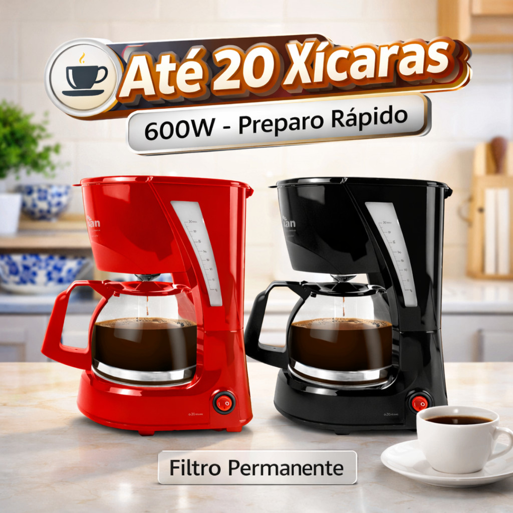Cafeteira Elétrica 20 Xícaras 600W Filtro Reutilizável Preto/Vermelho 127V ou 220V