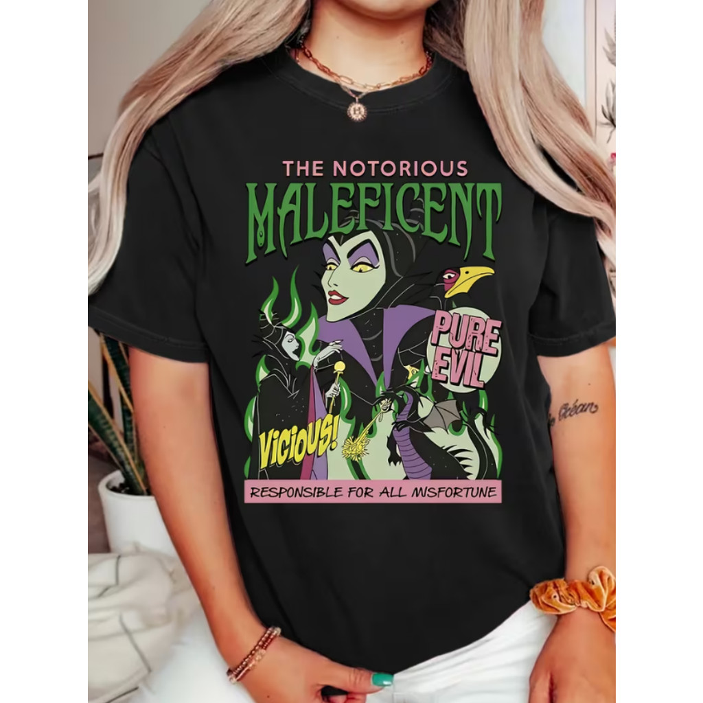 Camiseta Feminina Folgada Em Algodão Puro, Estampada Com A Bela Adormecida E Malévola Da Série Disney