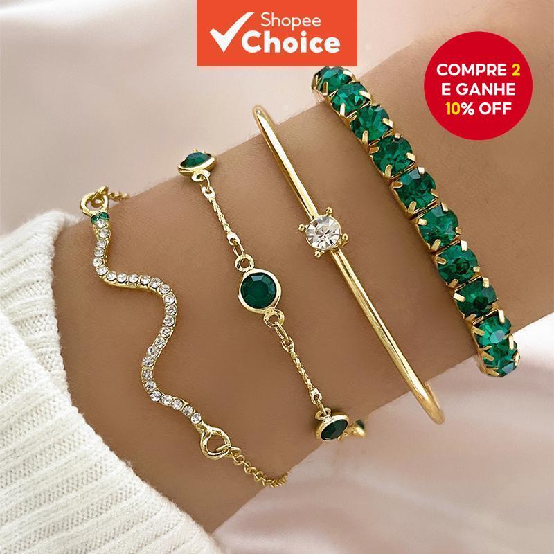 Conjunto De Pulseira De Cobra Delicada , 4 Peças De Design De Cristal Verde Para Mulheres , Presente Exclusivo De Moda