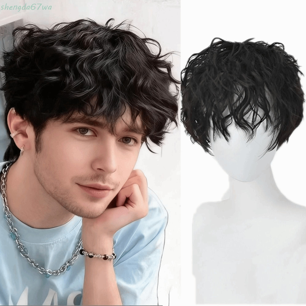 SHENGDA Peruca Curta Encaracolada Em Camadas , Perucas Masculinas Sintéticas De Anime Marrom , Natural Fofa Cosplay De H