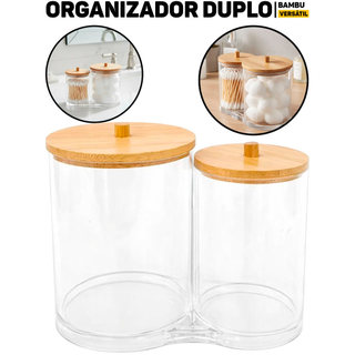 Organizador De Banheiro Duplo PS E Bambu 15x8,5x12cm Bancada P/ Cotonete Sabonete Algodão