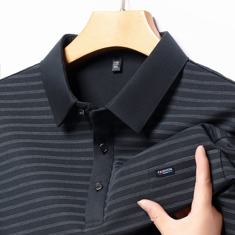 Camisa Polo Masculina de Manga Longa Design Clássico Listrado Confortável Casual Top de Negócios com Bolso