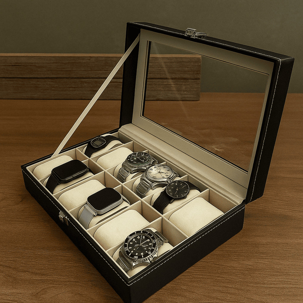 Caixa Maleta Estojo Preto Couro Para Guardar Relógios Porta Relógio E Oculos