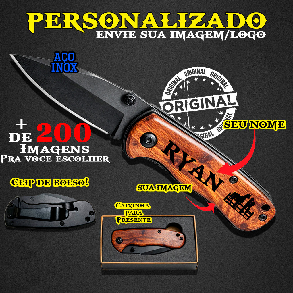 Canivete de bolso Personalizado Madeira wood Clip Presilha Inox Seu Nome Desenho Imagem Agro Envio