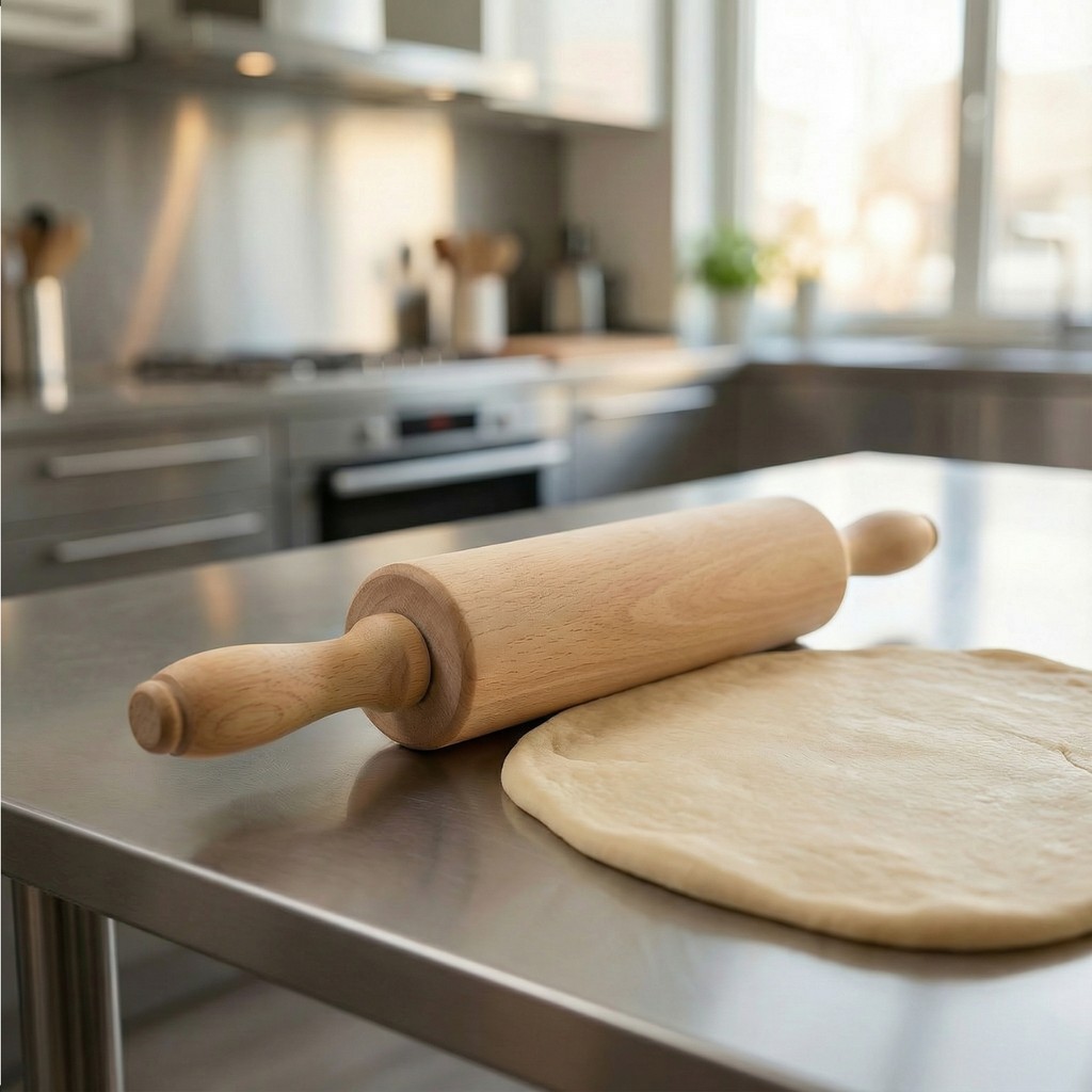 Rolo para Abrir Massa Profissional com Cabo Giratório Madeira Maciça Resistente Cozinha Pastel