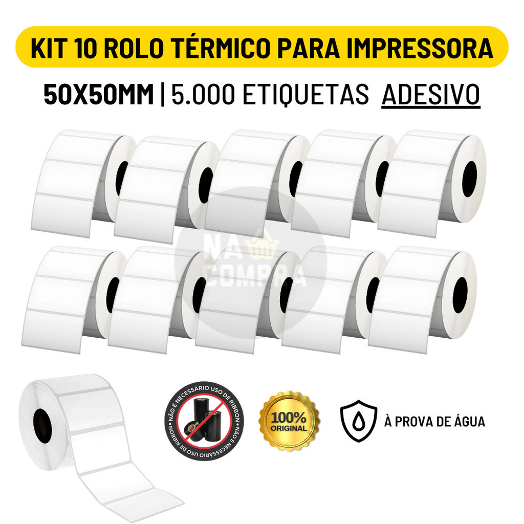 Kit 10 Rolo Etiqueta Adesiva 50x50mm 5x5cm (1 coluna) Impressora Térmica 5.000 Etiquetas