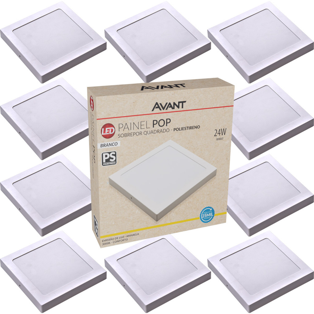 Kit 10 Painel Plafon 24W Luz Amarela Sobrepor 3000K Luminária de Teto 127v 220v Avant