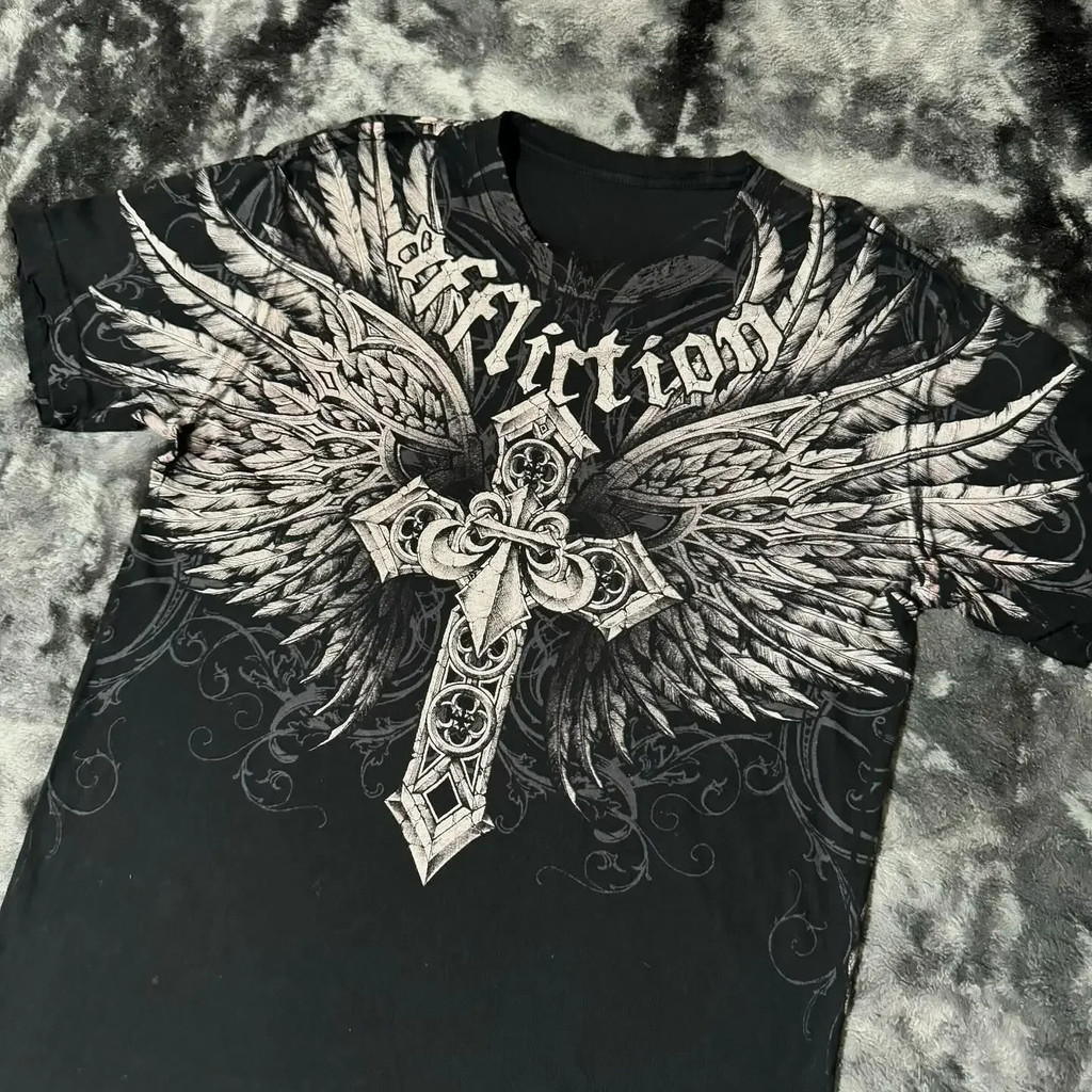 2000s Affliction Camiseta Roupas Vintage Punk Hip Hop Impressão Gráfica Oversized T Camisa Masculina Em Torno Do Pescoço