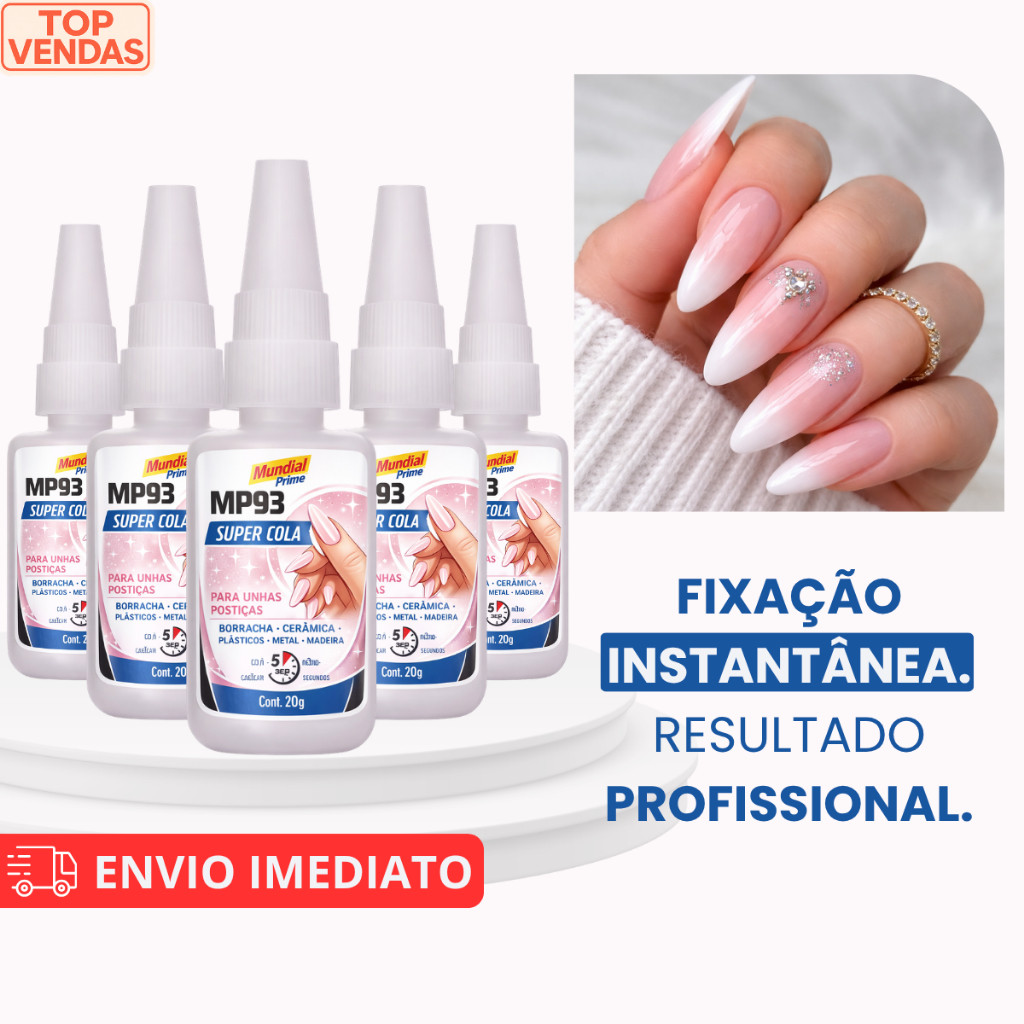 Kit Cola Instantânea 20g Unha Postiça Fibra e Pedrarias Bico Fino Fácil Aplicação Uso Geral Mundial Prime