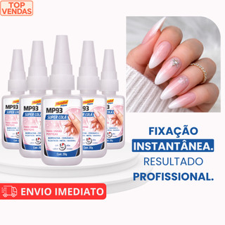 Kit Cola Instantânea 20g Unha Postiça Fibra e Pedrarias Bico Fino Fácil Aplicação Uso Geral Mundial Prime