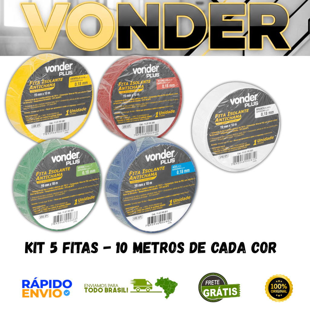 Kit 5 Fitas Isolantes Coloridas 10 Metros - VONDER PLUS Isolar Fios e Cabos Elétricos Antichama Top