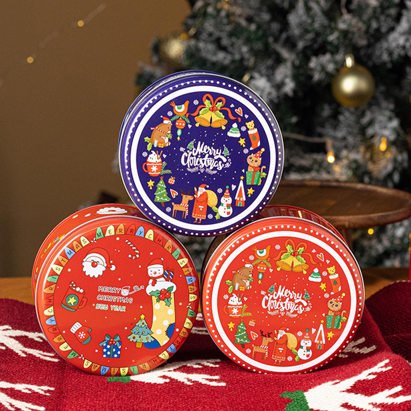 Caixa de presente de natal embalagem caixa de lata redonda caixa de doces de véspera de natal caixa vazia caixa de prese