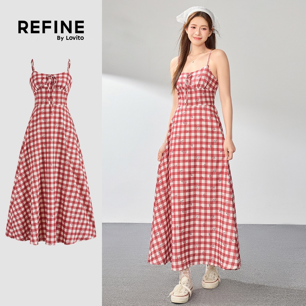 (Refine by Lovito) Férias Vestido Xadrez Fofo Amarração Frontal E Detalhes Franzidos Verão/primavera Feminino LR2AD007