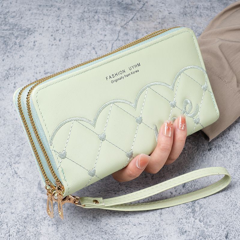 Carteira Bordada para Mulheres, Bolsa de Telefone Móvel Fashion, Porta-Moedas Feminino com Zíper Longo, Bolsa de Mão, Es