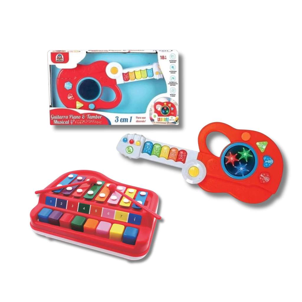 COMP Kit Instrumentos Musicais Infantis - Guitarra Tambor e Piano Xilofone Braskit