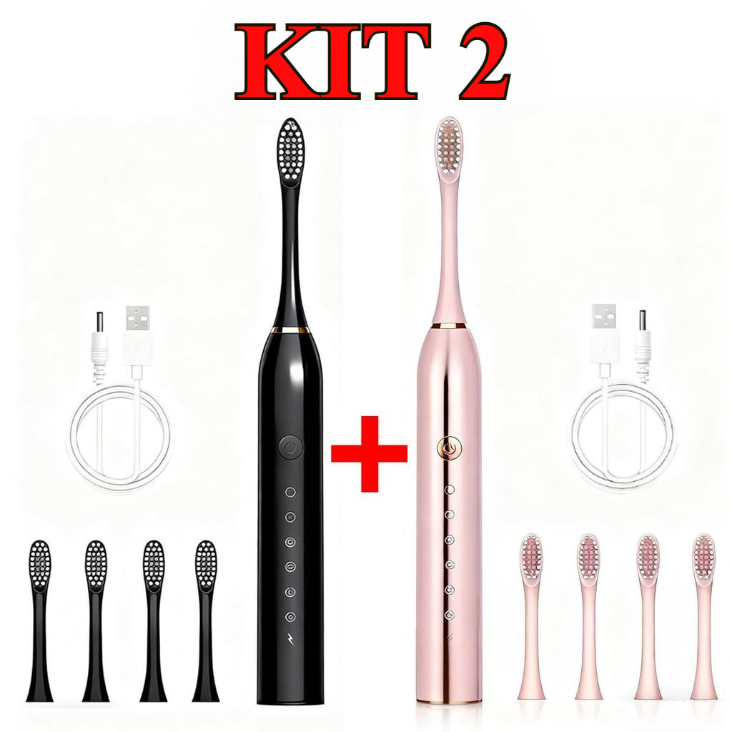 Kit Escova de Dente Elétrica 2 Unidades IPX7 À Prova dÁgua + 7 Modos + 8 Cabeças Recarregável e Portátil Ideal para Casa