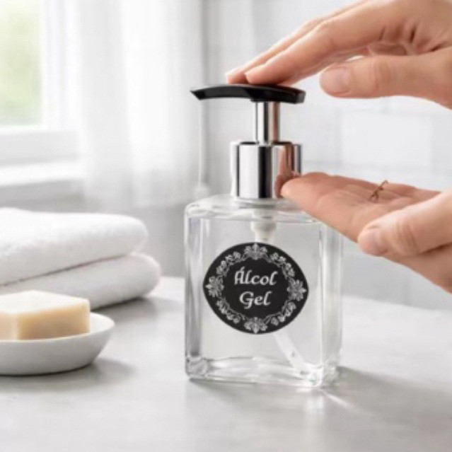 Álcool Gel 70% com Válvula Pump Elegante | Higienizador Antisséptico Mãos Frasco De Vidro Elecante Premium Mais Vendido