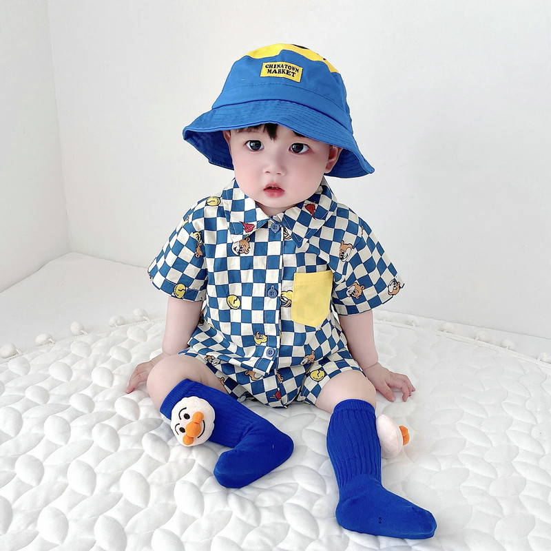 Coreano Moda Moda Roupas da Moda Menino Bebê Macacão Xadrez dos Desenhos Animados do Bebê Macacão Verão na Moda — R$ 159,33 em Shopee