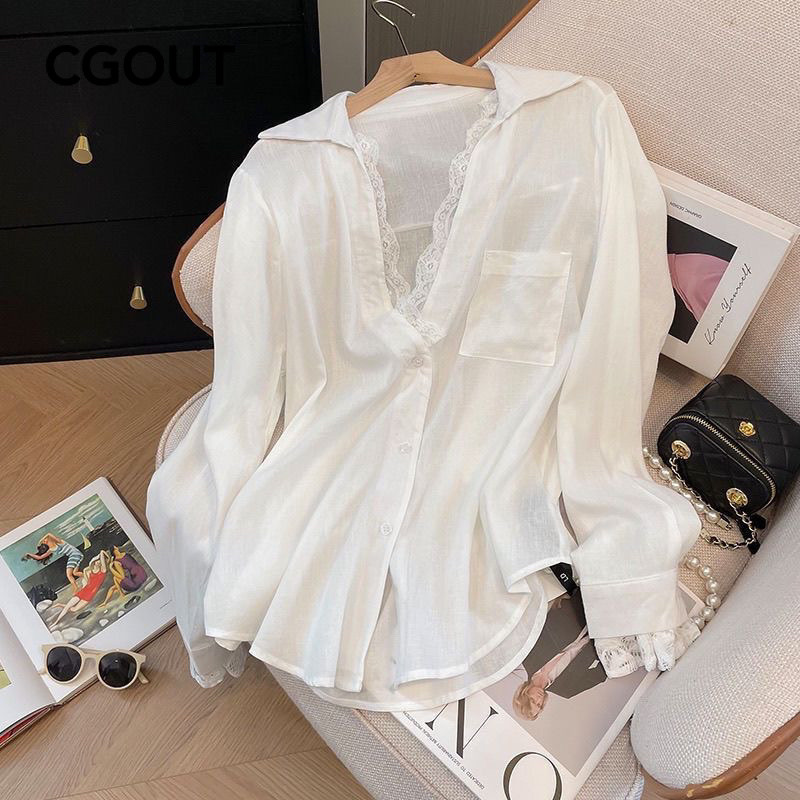Camisa solta de manga comprida com costura de renda branca Top feminino