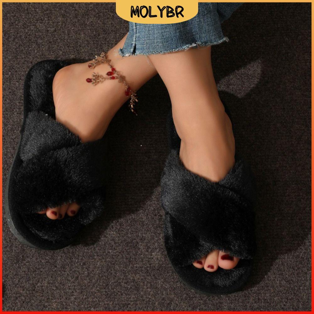 Chinelos Femininos De Pelúcia MOLYBR , De Chão Interno Com Sola Macia , Cinto Cruzado , Bico Aberto , Sapatos Felpudos P