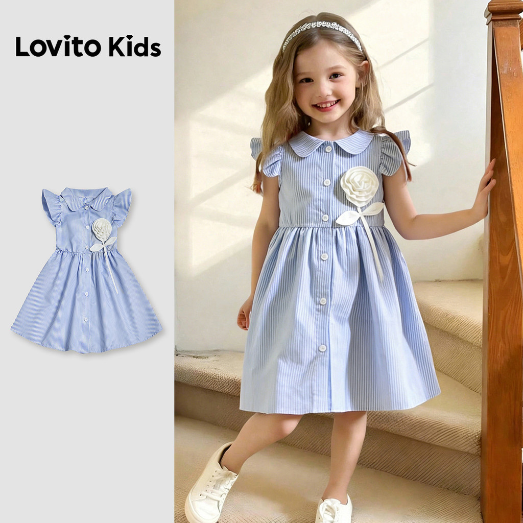 Lovito Kids Vestido Casual com Apliques e Babados Primavera/verão Azul para Meninas. L174LD150