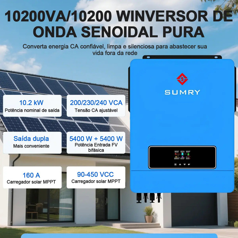 Sumry 10.2kw 48vdc a 220vac mppt on/off grade inversor solar dupla saída ac gerador inversor híbrido