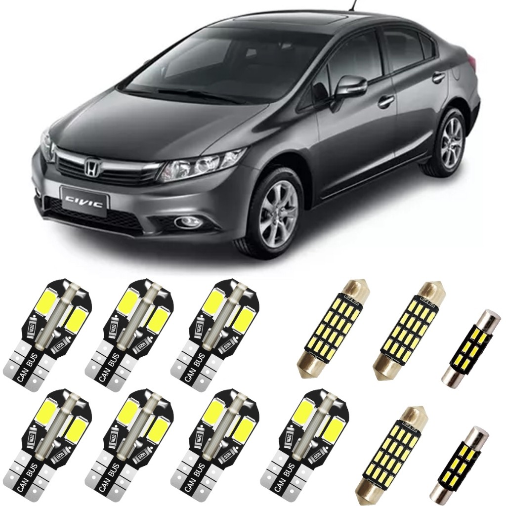 Kit Lâmpadas Led Premium Internas Teto Quebra Sol Porta Malas Porta Luvas Placa Honda New Civic 2012 2013 2014 2015 2016