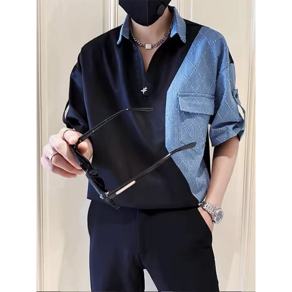 Camisa POLO masculina bonita de meia manga, moda moderna, masculina, manga curta, costura jeans, Top masculino