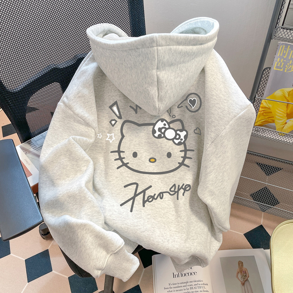 Americano Retro HelloKitty Moletom Capuz Feminino Versátil Doce Estilo Universitário Casaco Inverno