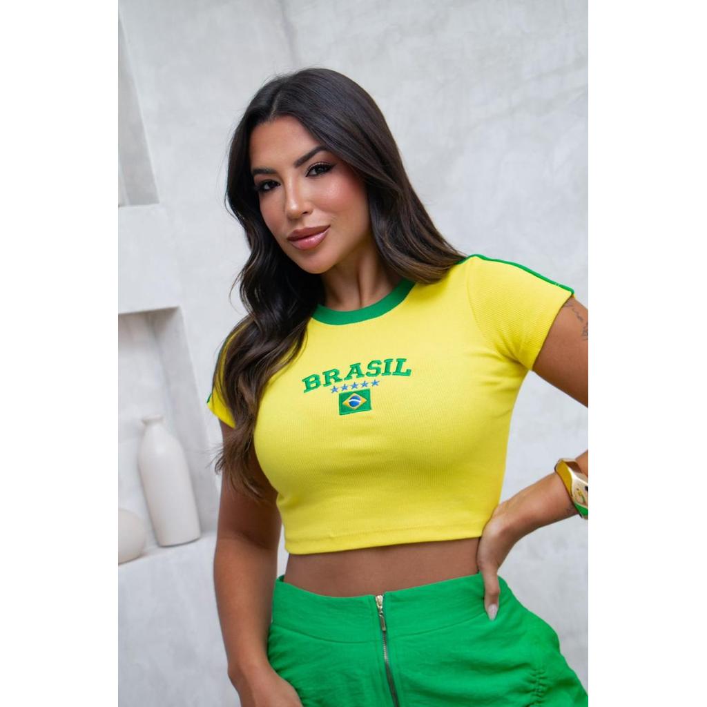 Cropped Brasil Feminino Canelado Manga Curta Copa Baby look Algodão Elastano