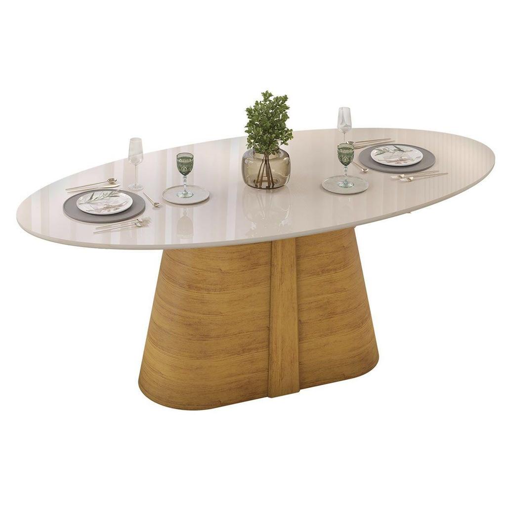 Mesa de Sala Jantar Ryze c/ Tampo Madeirado c/ Vidro Oval 218x108cm Cedro/Off White - DJ Móveis