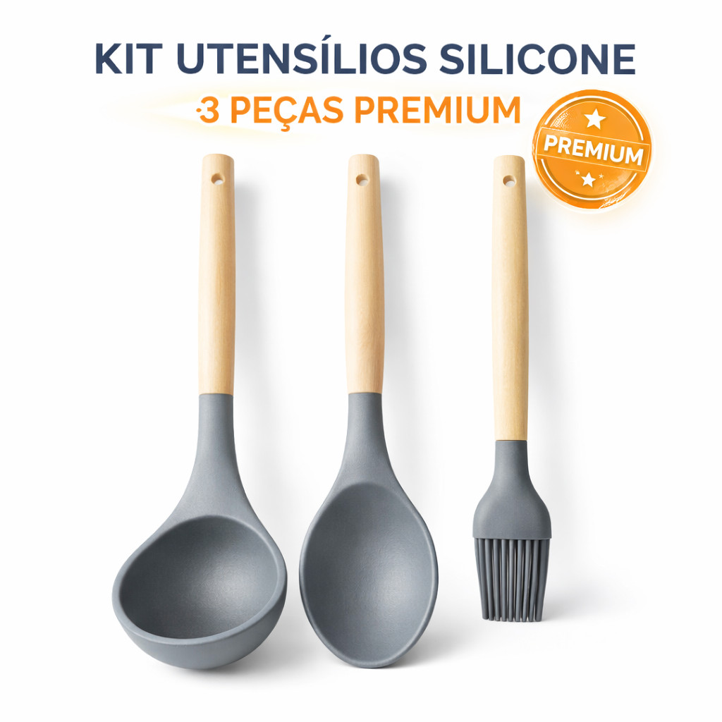 Kit Utensílios Silicone Cozinha 3 Peças Cabo Madeira Premium Antiaderente Resistente Calor