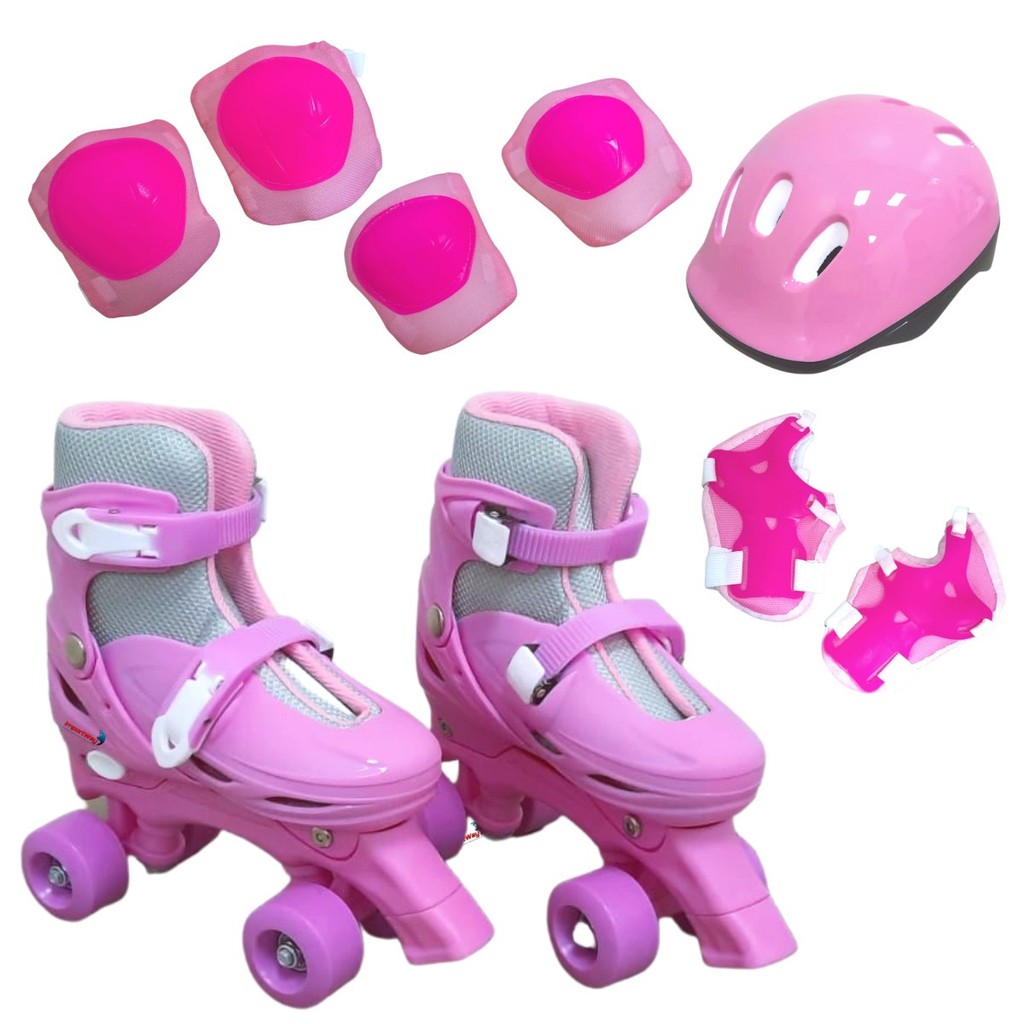Kit Patins Infantil 4 Rodas Rosa + Capacete E Proteção Completo