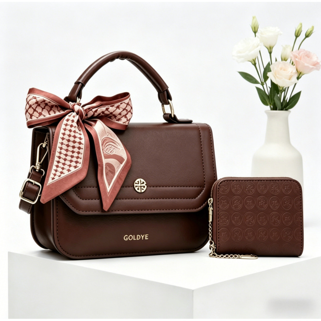 Bolsa Feminina Luxo Kit com Carteira Alca de Mao e Transversal Lenco Laço Tendencia
