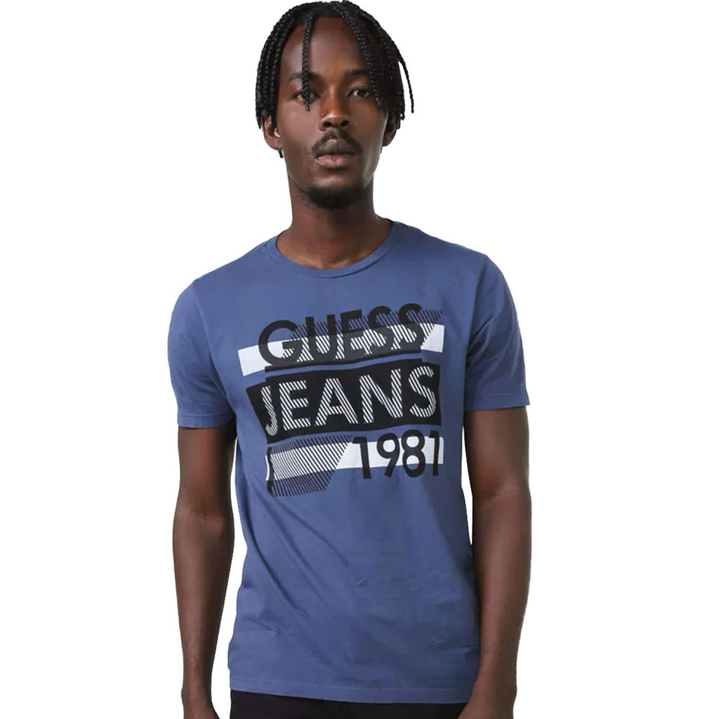 Camiseta Guess Original Masculina Silk Logo Scratchs Azul Índigo