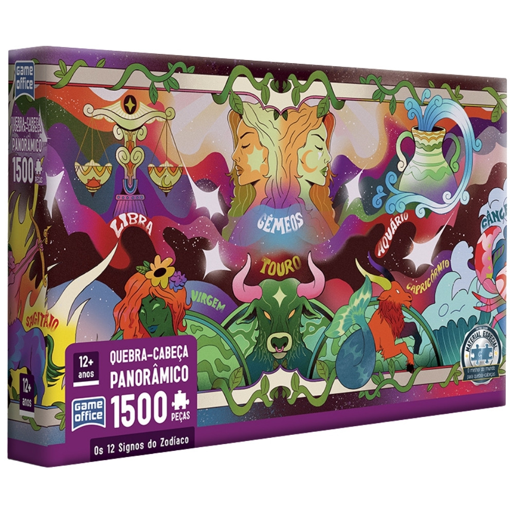 QUEBRA CABEÇA PANORÂMICO OS 12 SIGNOS DO ZODÍACO 1500 PEÇAS TOYSTER PUZZLE FOGO TERRA ÁGUA HORÓSCOPO