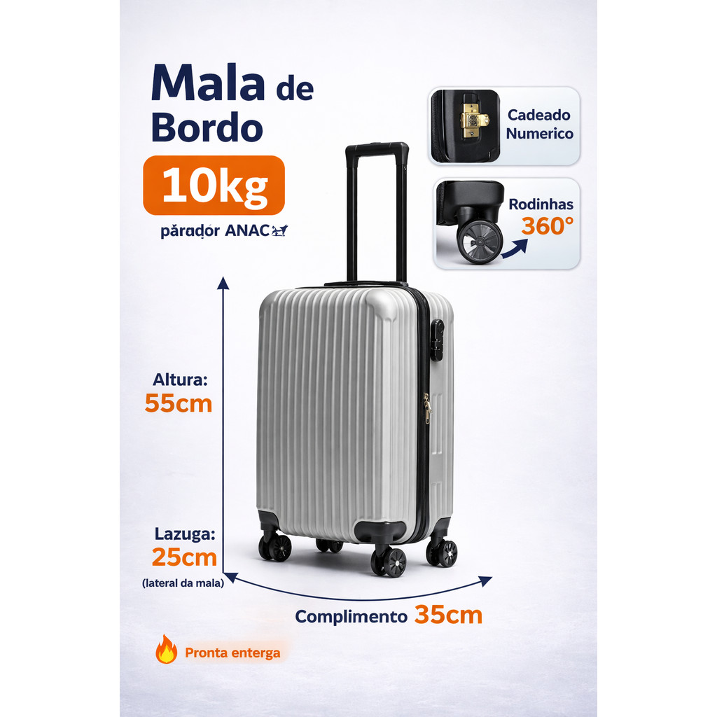 Mala de viagem 10kg pequena mala de bordo para aviao em abs rodinha reforçada padrao anac 55x25x35