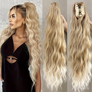 Presilha de Cabelo Ondulado Longo de 26 polegadas, Rabo de Cavalo Macio e Natural, Presilha de Cabelo de Alta Elasticida